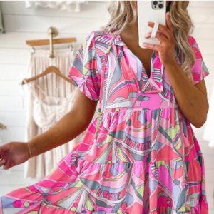 Pink Abstract Geometric Print Tassel Tie Flared Dress